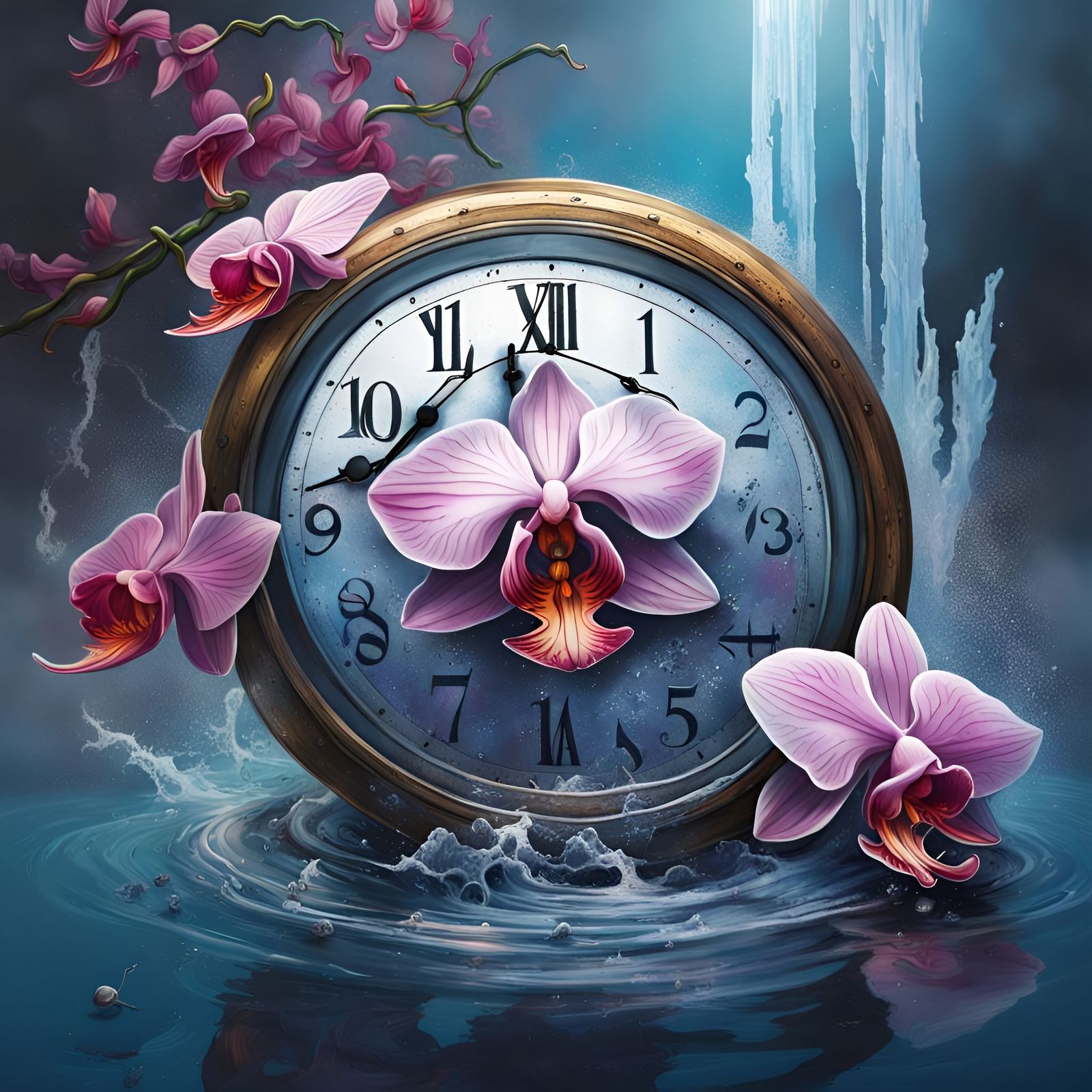 Hyperrealistic Clock, Orchid, and Frozen Pond