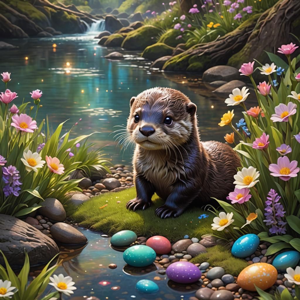 Enchanted Otter's Easter Egg Hunt: Oil Painting