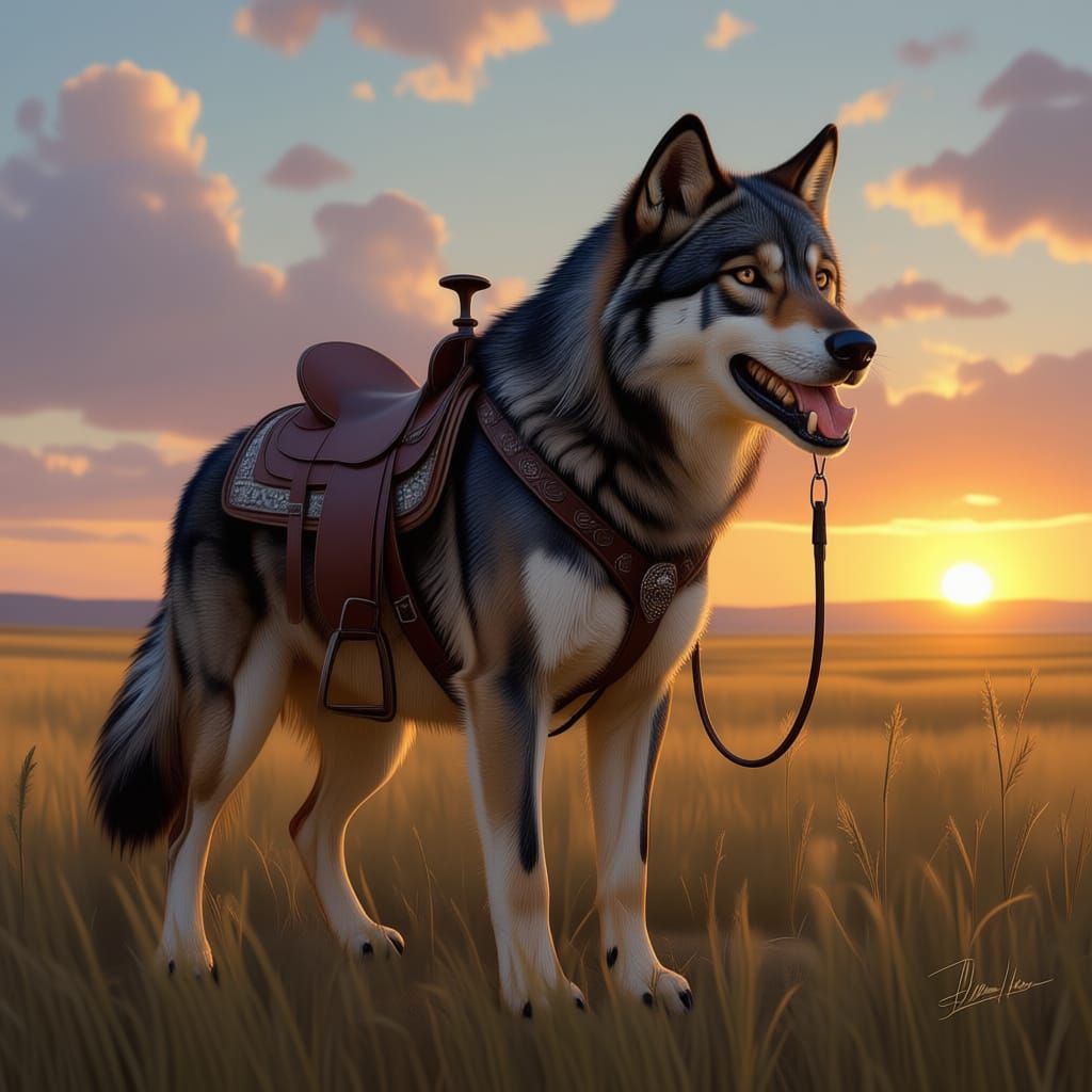 Wolf Wearing a Saddle and Reins
