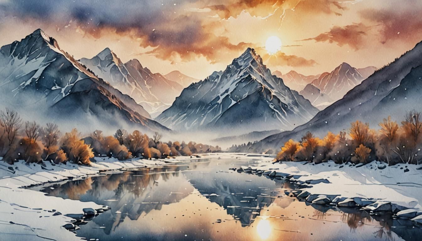 Snowy Sunrise Landscape in Watercolor Style