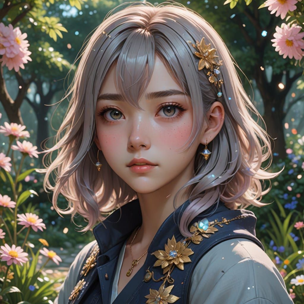 Anime Portrait in Whimsical Garden with Pastel Colors