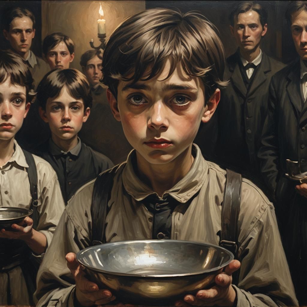 Pleading Boy in Dim Orphanage: Victorian-Era Oil Painting