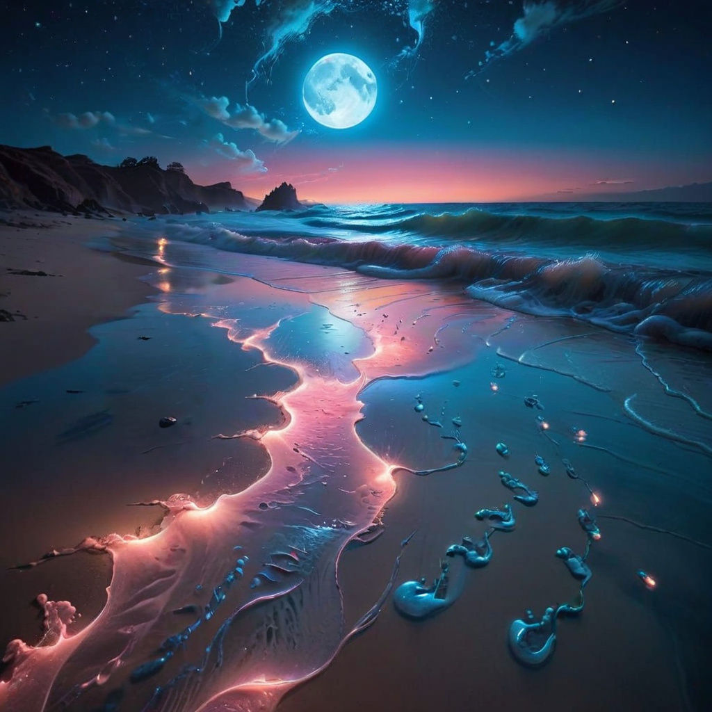 Surreal Moonlit Shoreline with Glowing Bioluminescent Thread...