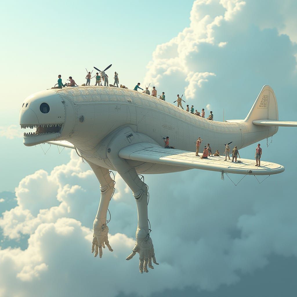 Colossal Humanoid Airplane in Mid-Air, with Whimsical Detail...