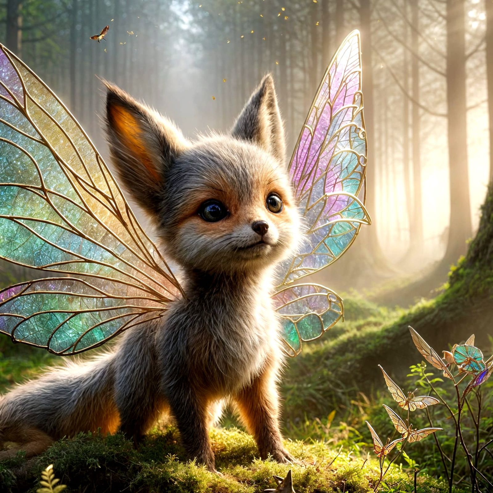 Enchanted Fairy Fox with Iridescent Wings in Morning Mist
