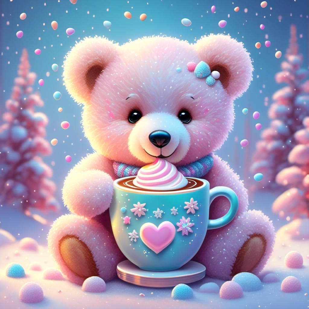 Pastel Teddy Bear Enjoys Hot Chocolate