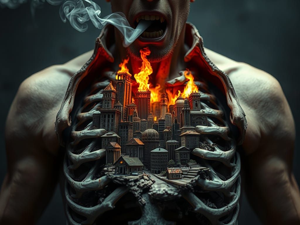 Surreal Horror Portrait of a Man Consumed by a Burning City ...