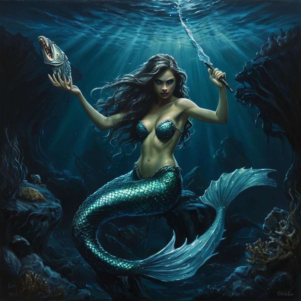 Regal Mermaid in Dark Ocean, Hyperrealistic Painting