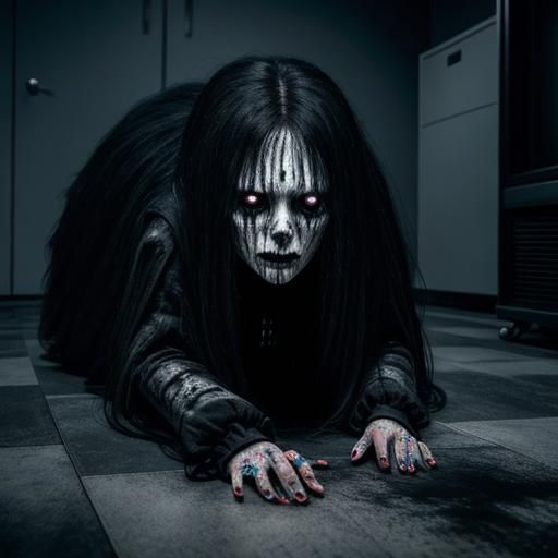 Haunted Woman Crawling Out of TV in Horrorcore Style