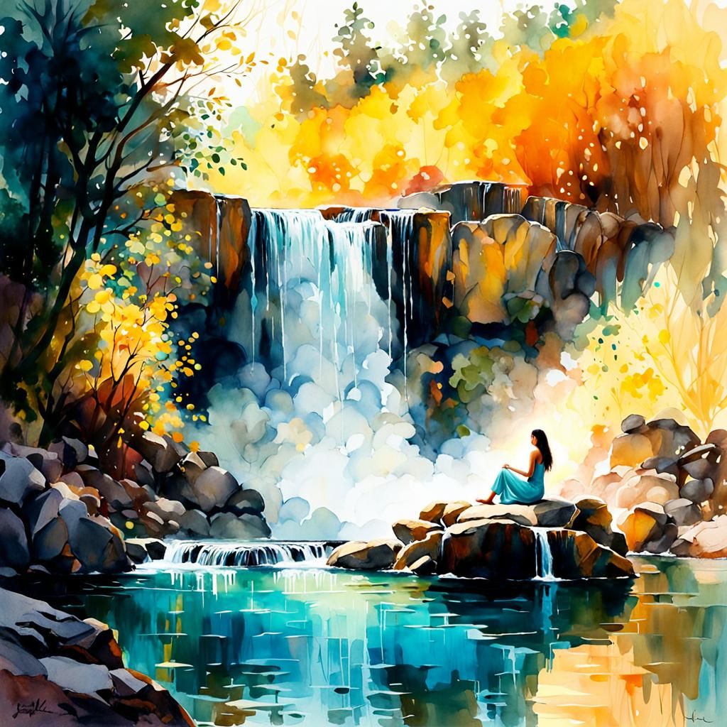Woman Lounging by Waterfall in Watercolor Style