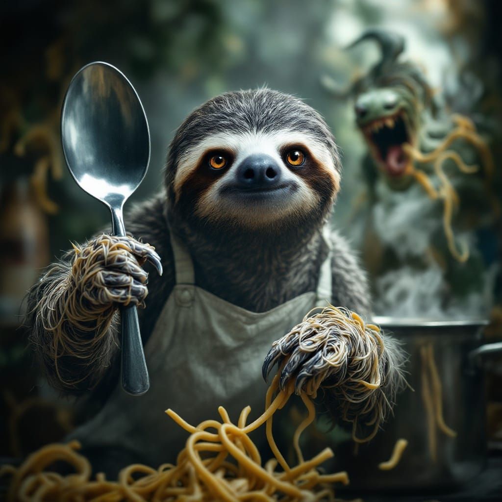 Surreal Sloth Battles Spaghetti Monster in Intense Kitchen C...