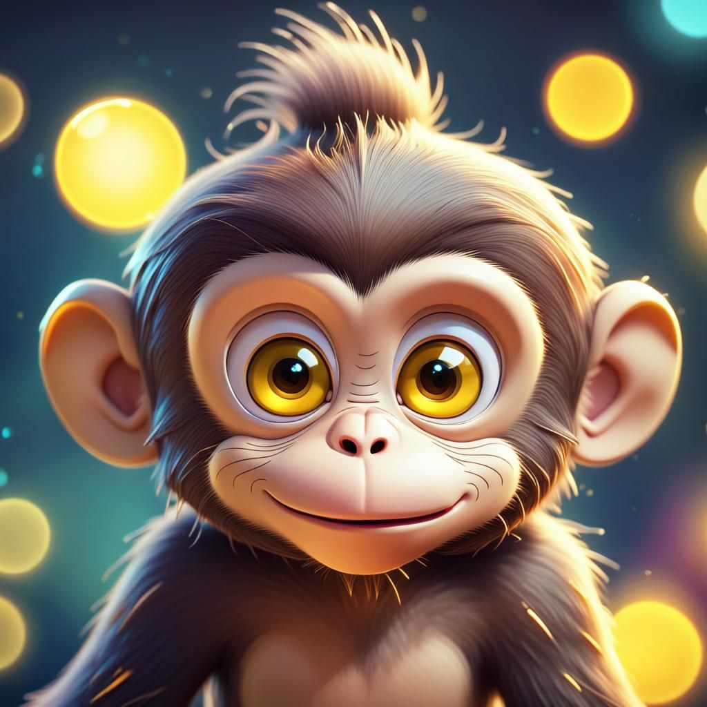 Cute Cartoon Monkey with Yellow Sparkle Background