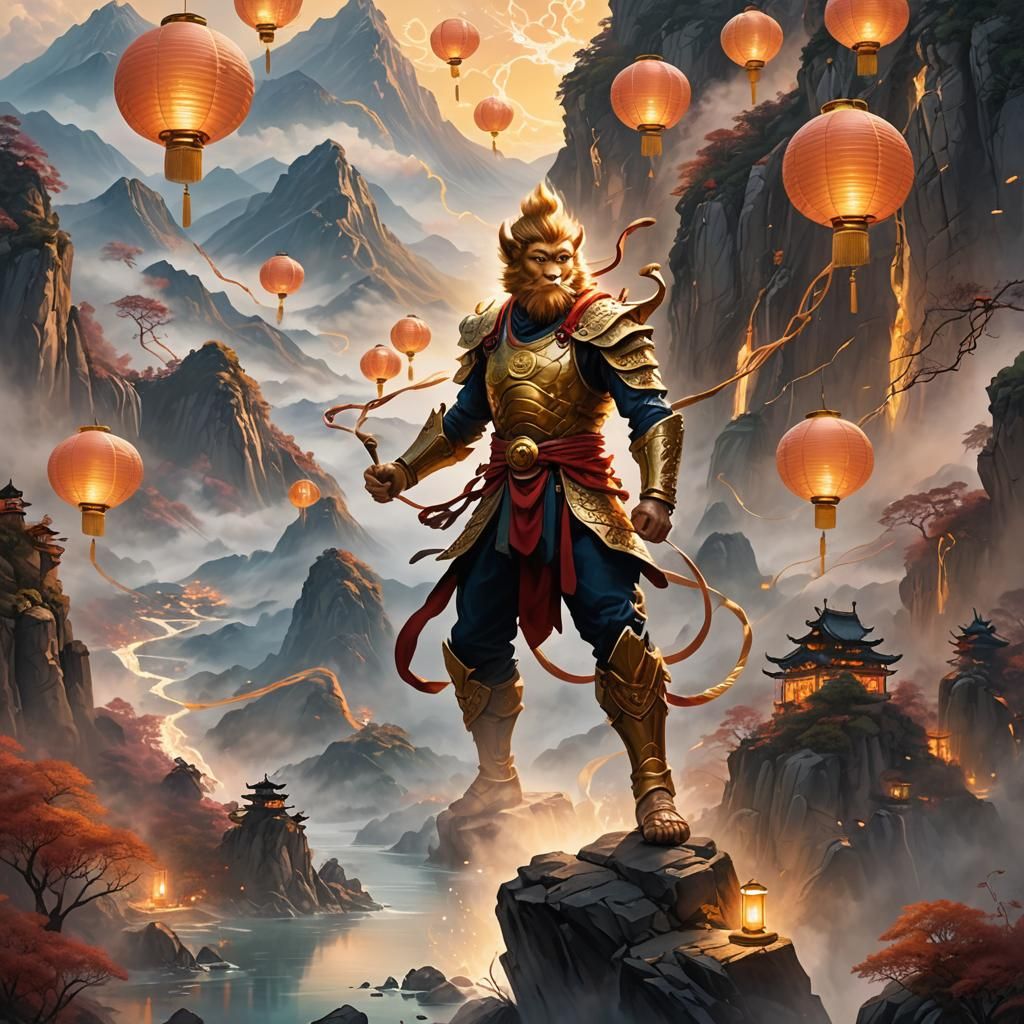Ethereal Wukong in Misty Mountains, Digital Art