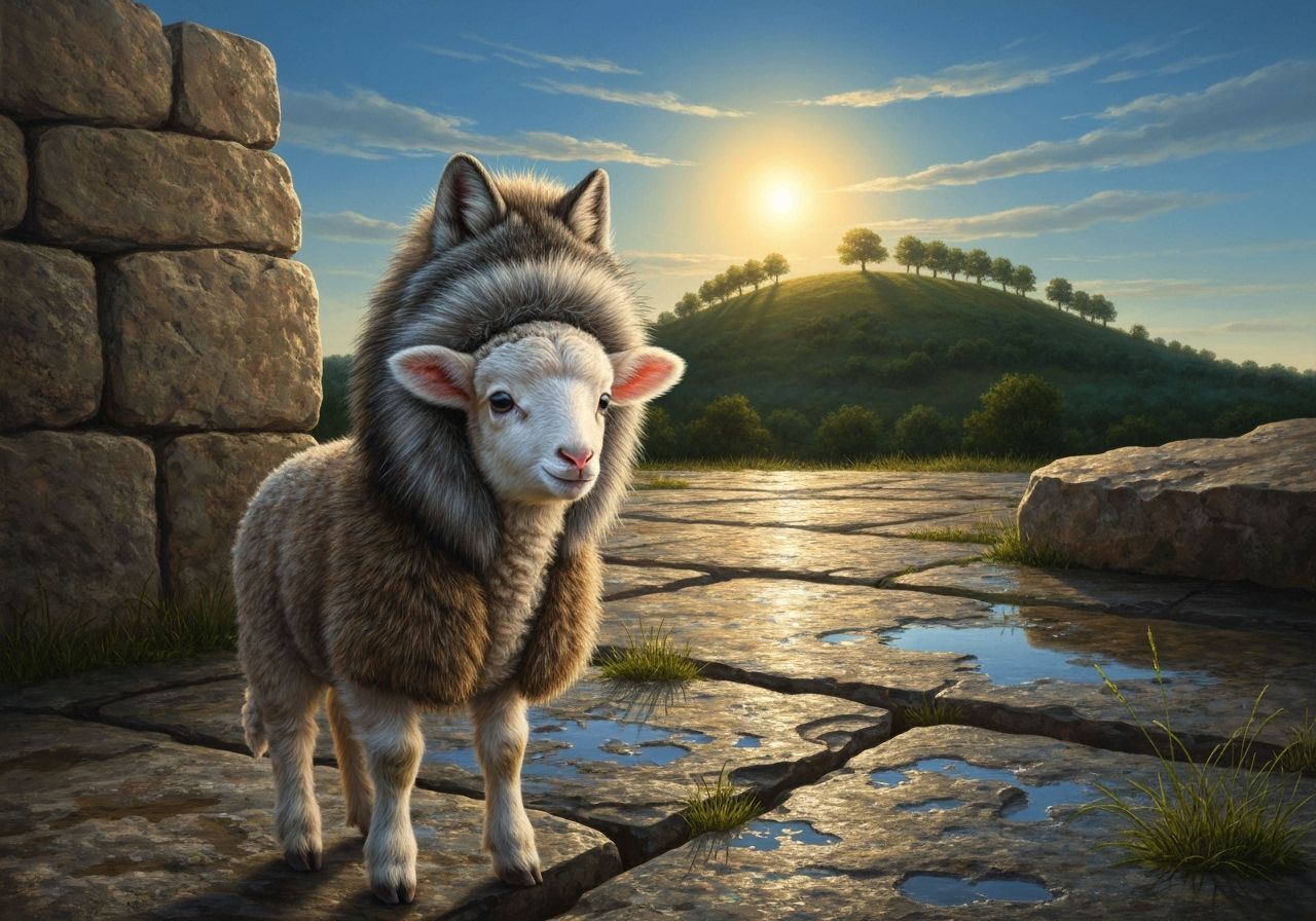 Lamb in Wolf Fur Coat Under Surreal Dali-esque Sky