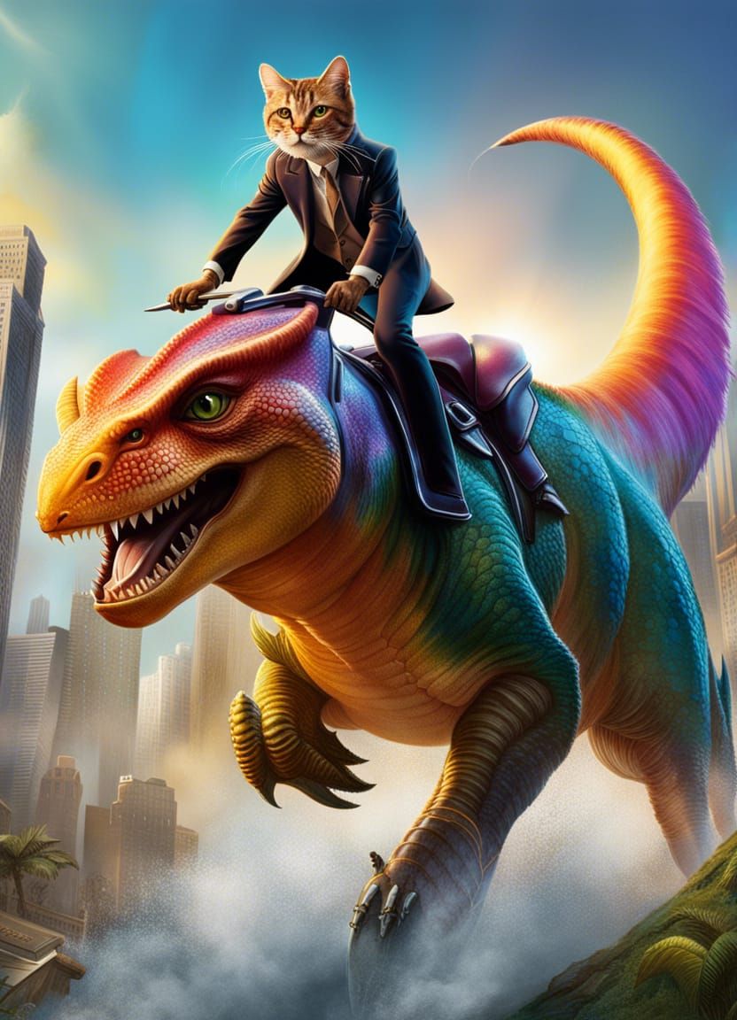 Cat Riding Dinosaur in Hyperrealistic Splash Art