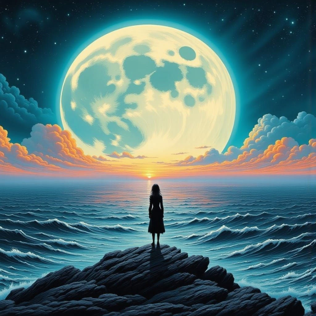 Woman Gazing at Moonlit Seascape in Dreamy Style