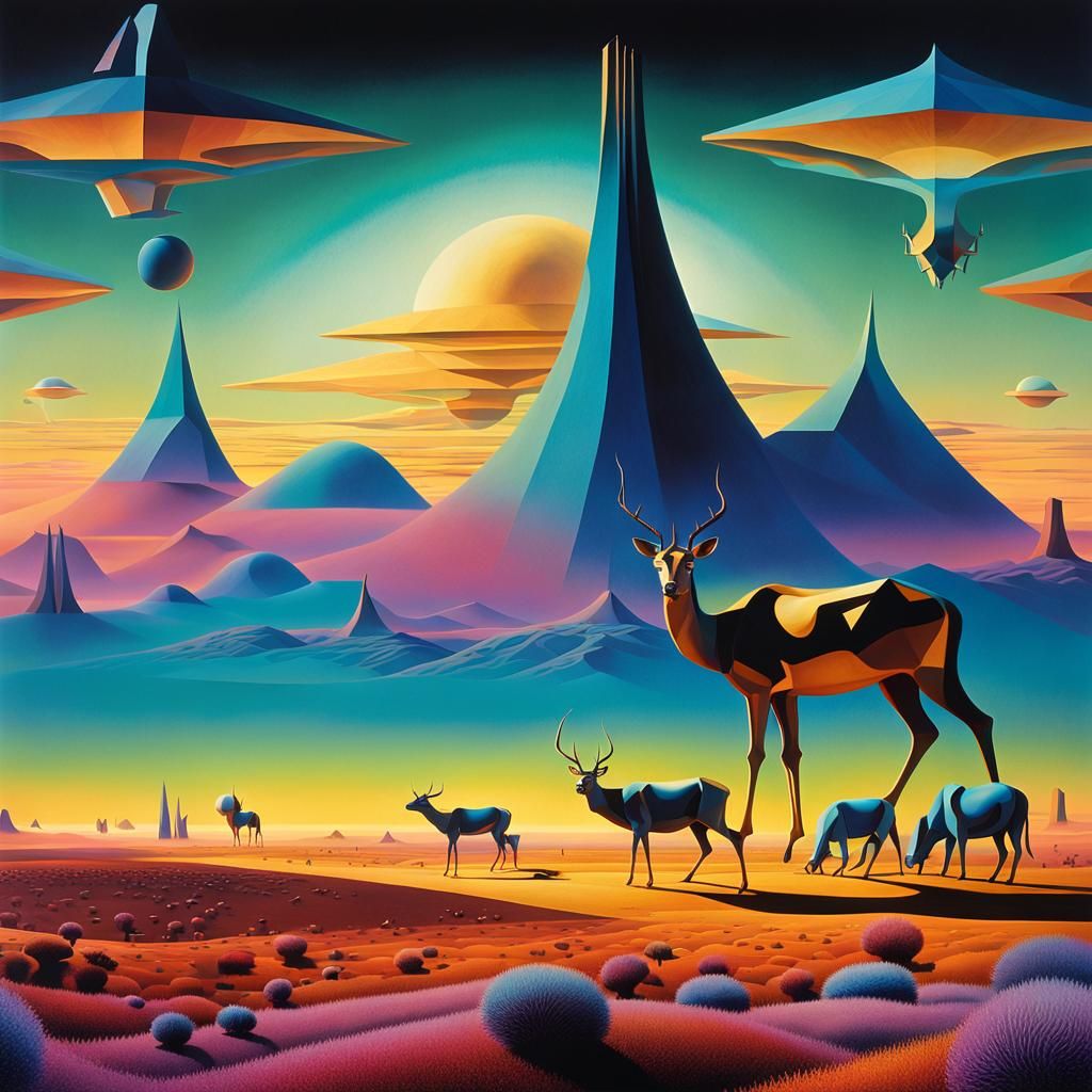 Surreal Sci-Fi Landscape with Geometric Animals