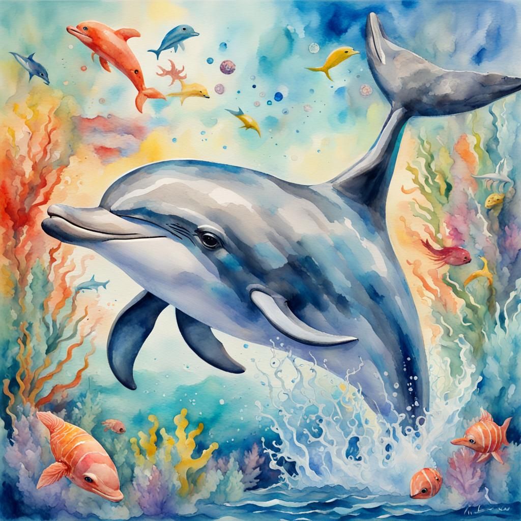 Dolphin Leaping from Sea: Gouache Watercolor Style