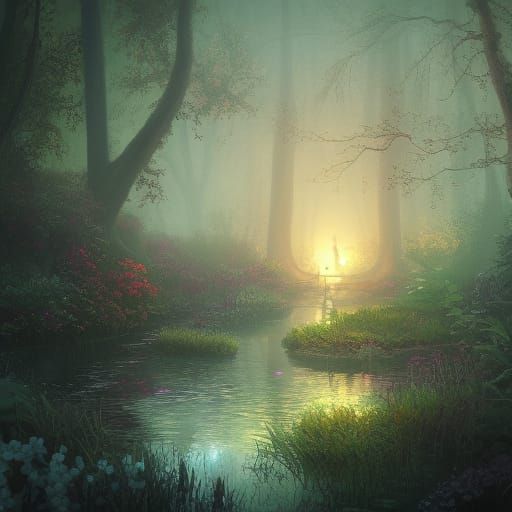 Fairytale Pond at Night: A Hyperdetailed Swamp Scene
