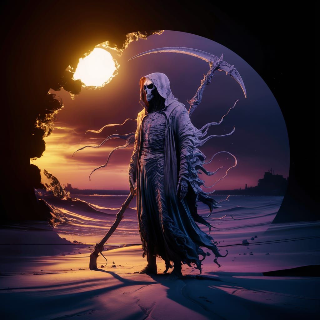 Grim Reaper on Sunset Beach: Dark Fantasy Art