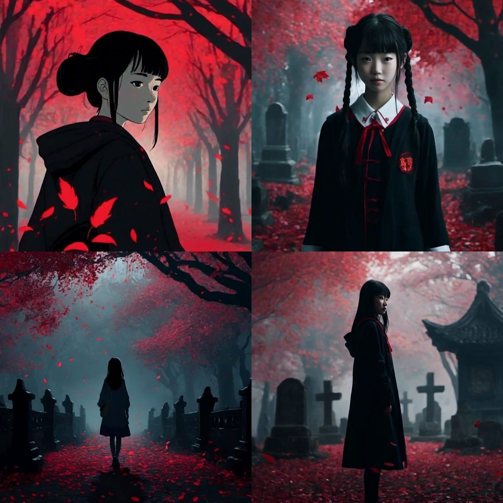 Manga Schoolgirl in Graveyard Silhouette
