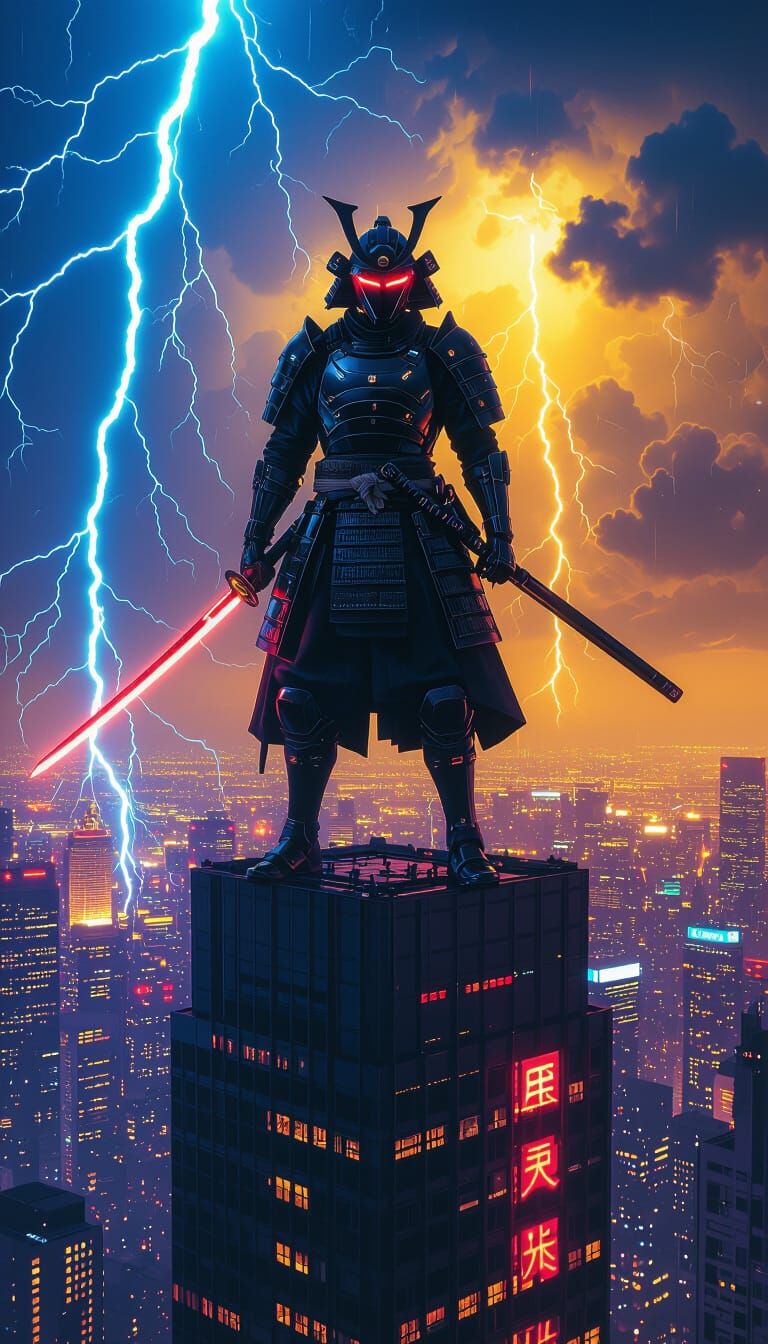 Cyberpunk Samurai with Neon Katana in Tokyo Nightscape