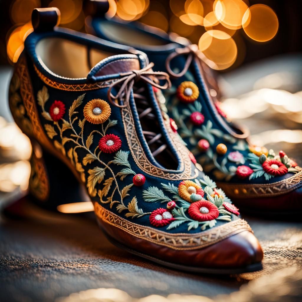Intricately Embroidered Medieval Shoes with Bokeh