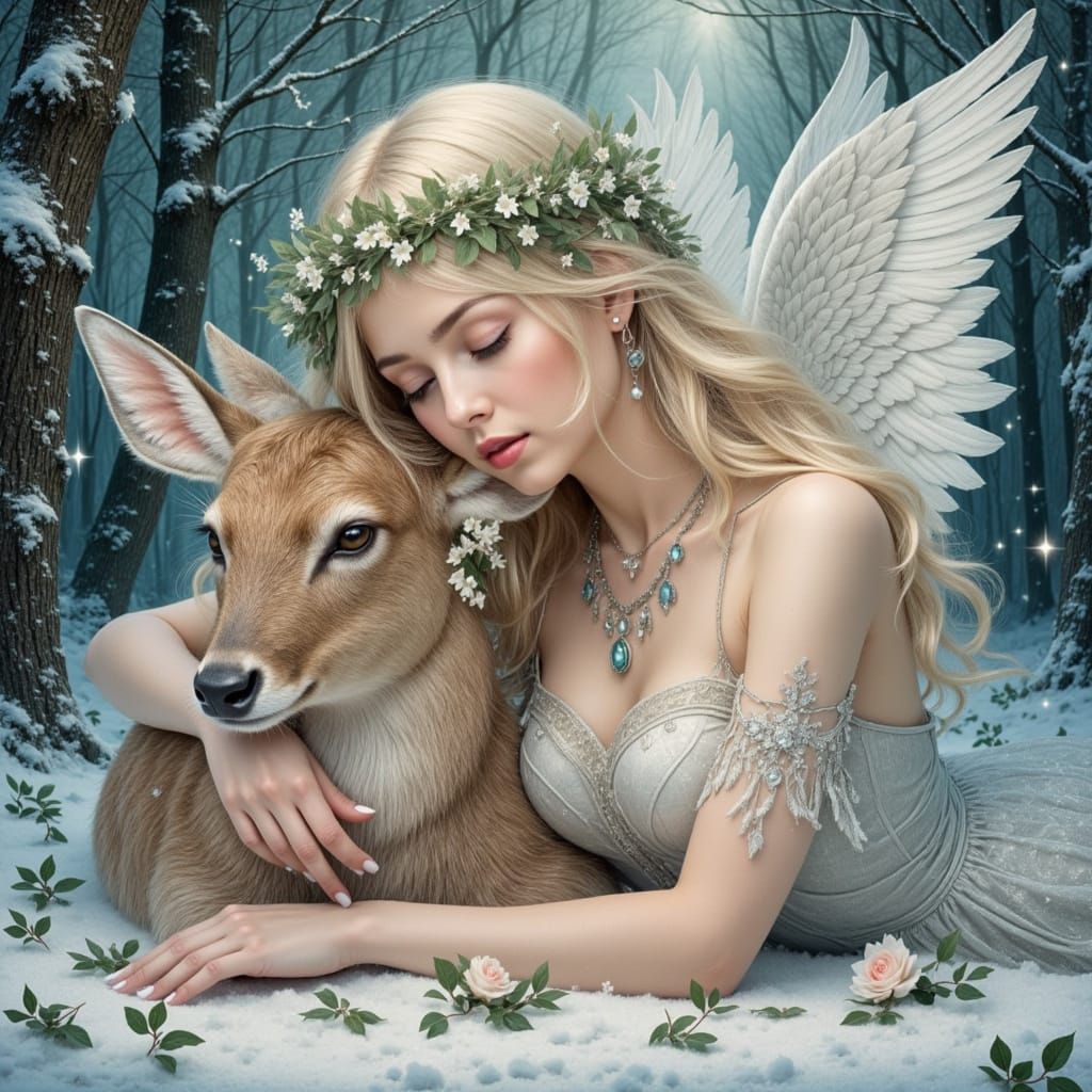 A watercolour and oil portrait of a beautiful angel, resting...