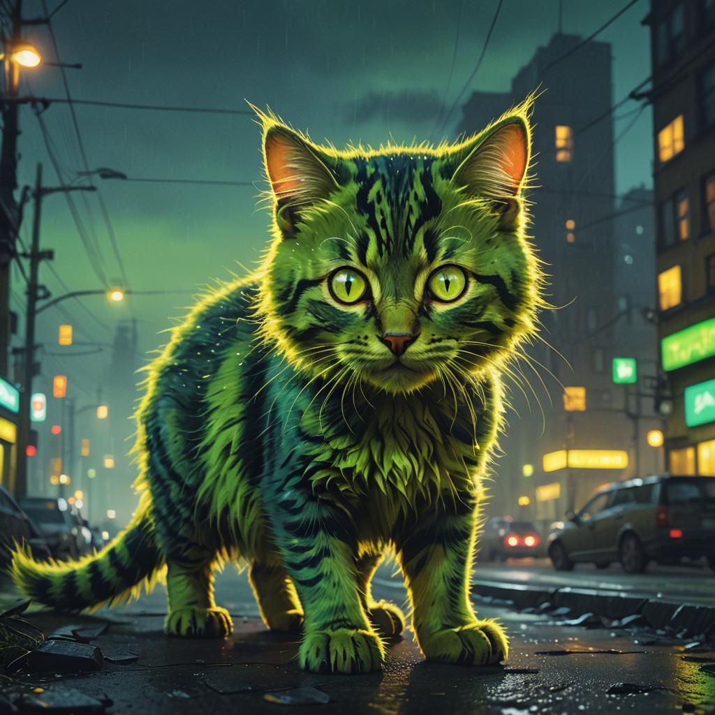 Electric Kitten in Atmospheric Cityscape: Digital Art