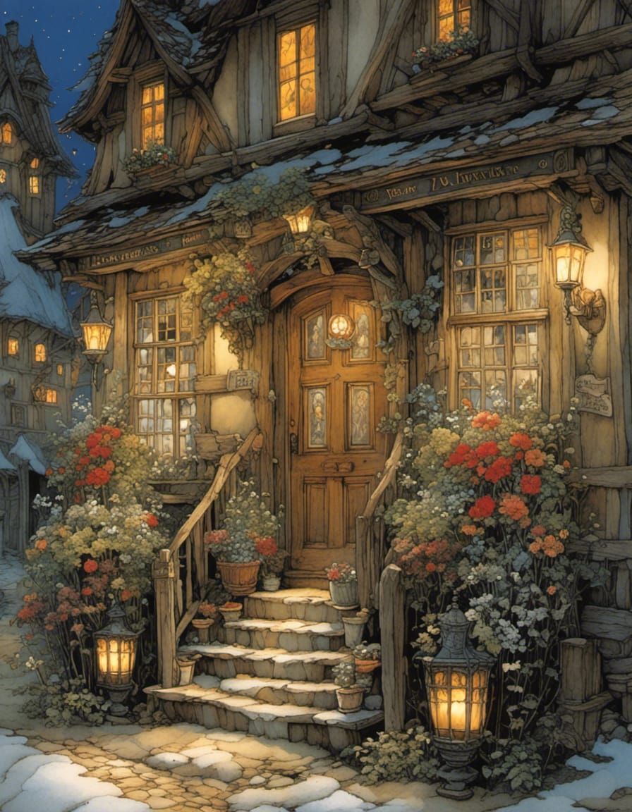 Cozy Tavern Entrance at Night in Art Nouveau Style