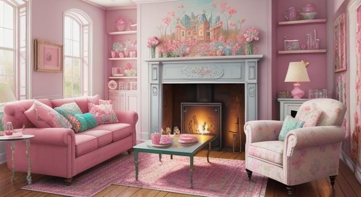 Cozy Shabby Chic Living Room in Candy Art Style