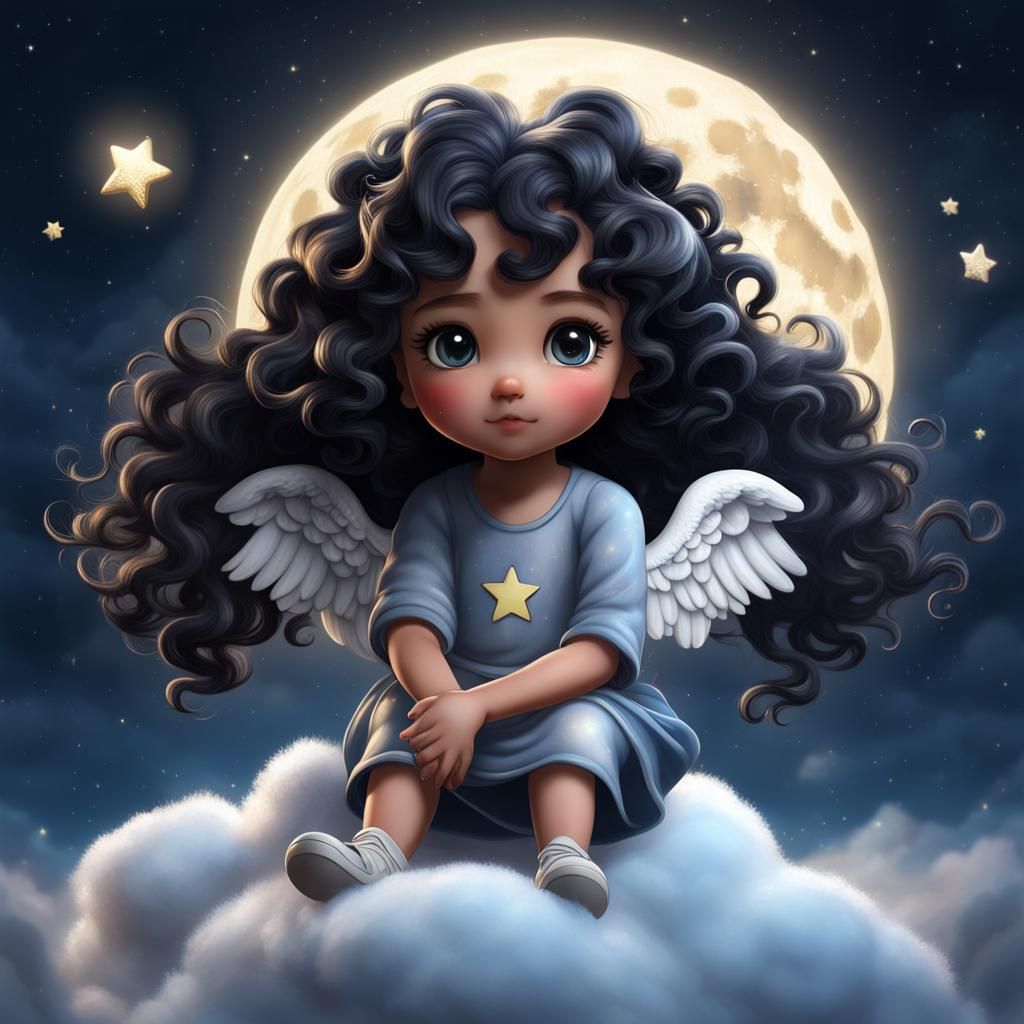 Chibi Angel with Starry Moon, Digital Matte Painting