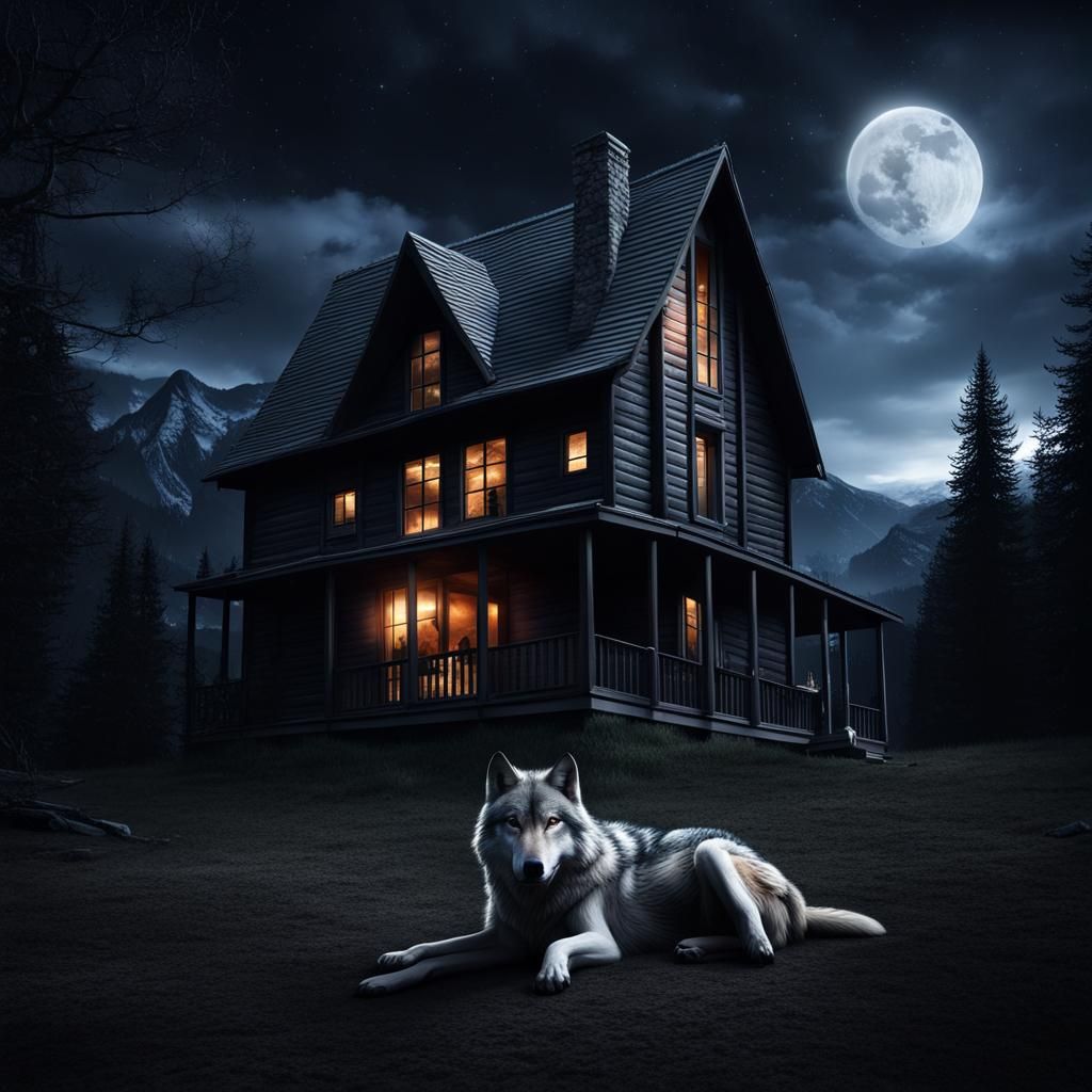 Gothic Cabin in Woods with Howling Wolf