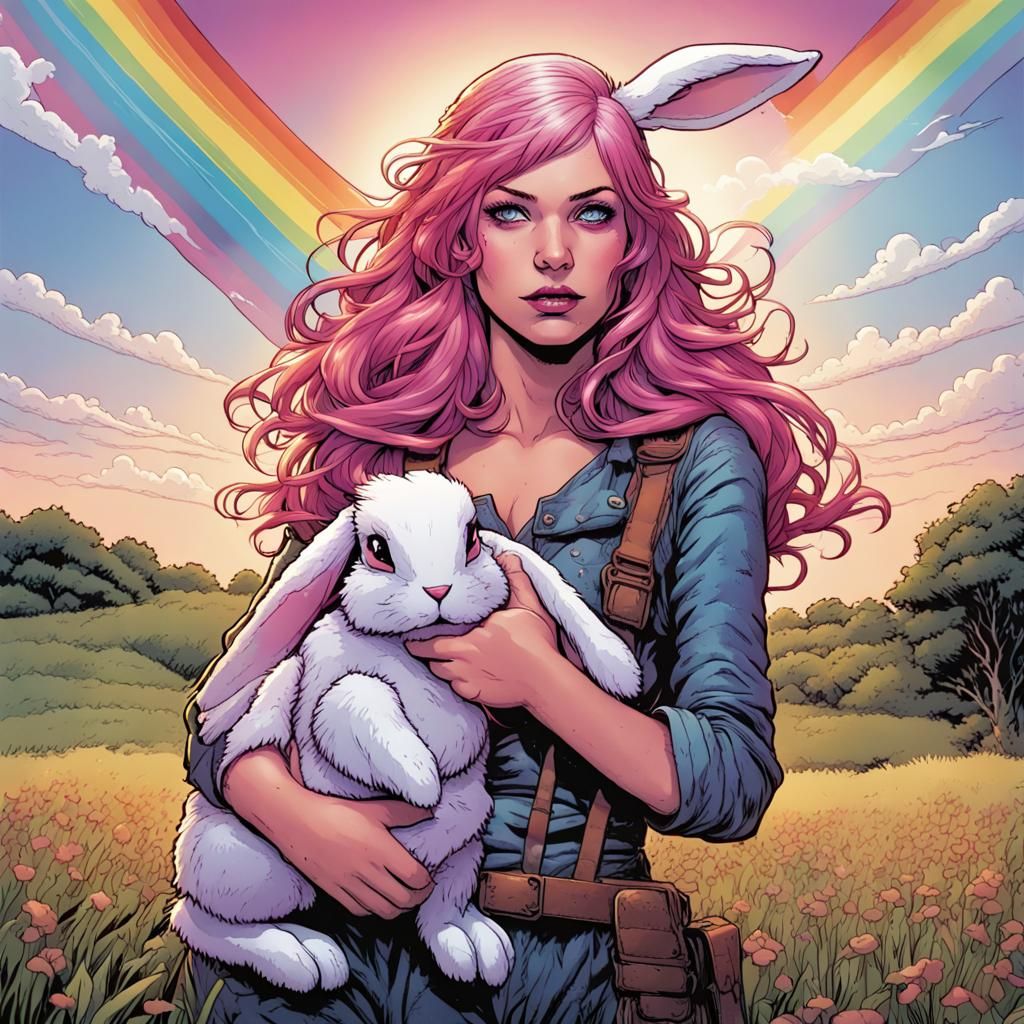 Woman with Rainbow Bunny, Comic Book Art