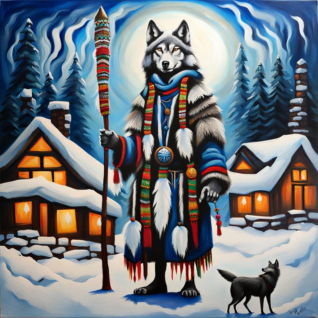 Wolf Shaman in Winter Village Acrylic Painting