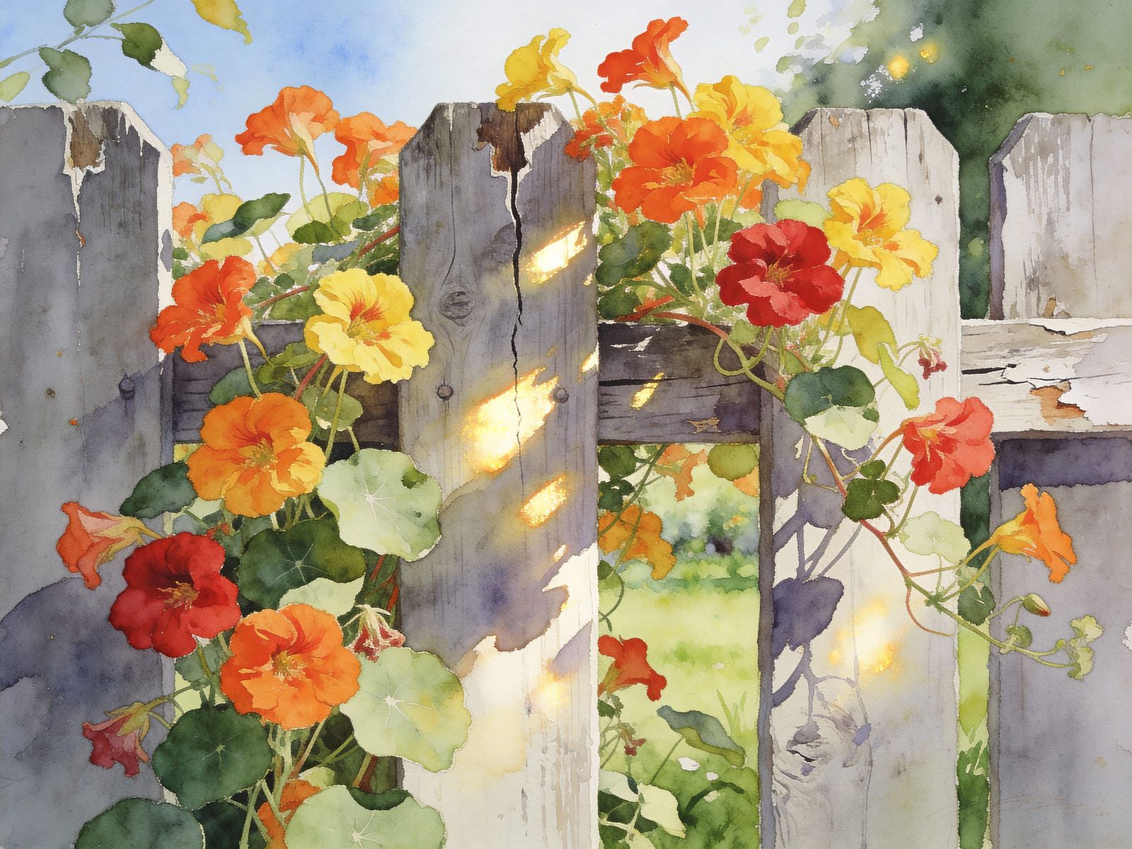 Bright Nasturtiums Over Weathered Fence in Watercolor