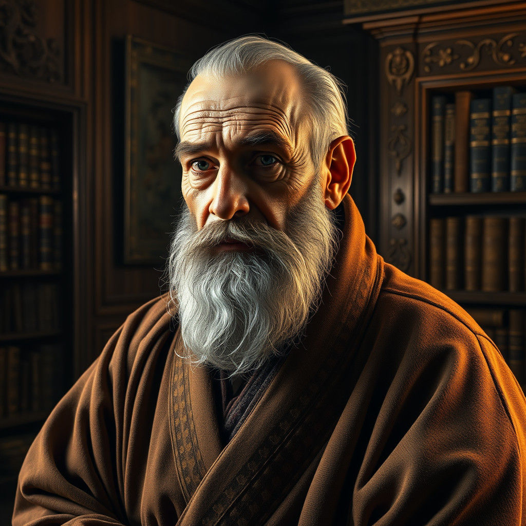 Wise Old Man in Victorian Study, Hyperrealistic 3D