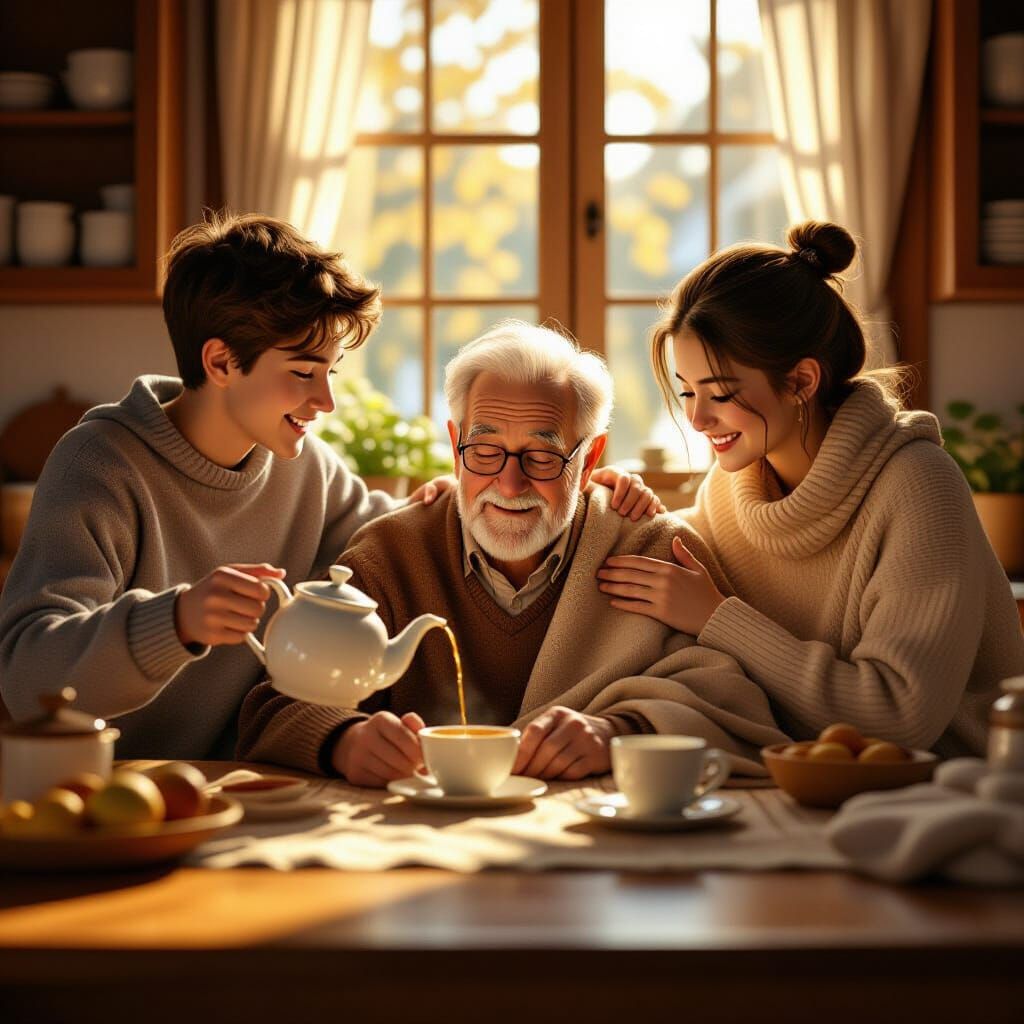 Teens Help Grandfather in Cozy Kitchen 3D Animation