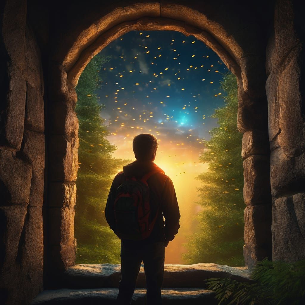 Mystical Forest Scene through Ancient Stone Window