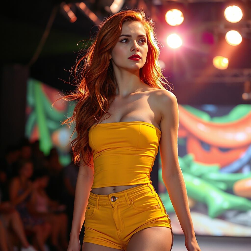 Hyperrealistic Woman on Catwalk with Dramatic Lighting