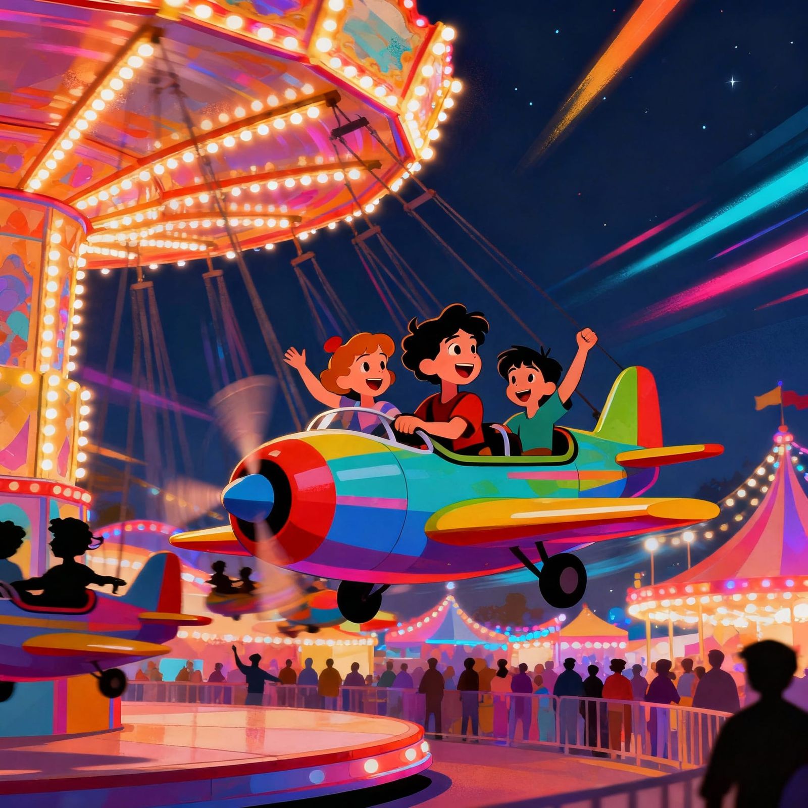 Children Enjoying a Whimsical Airplane Carousel at Night Fai...