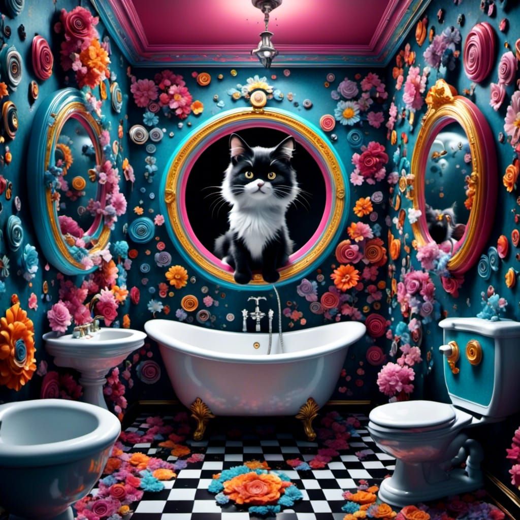 Chibi Cat in Bathroom with Psychedelic Colors