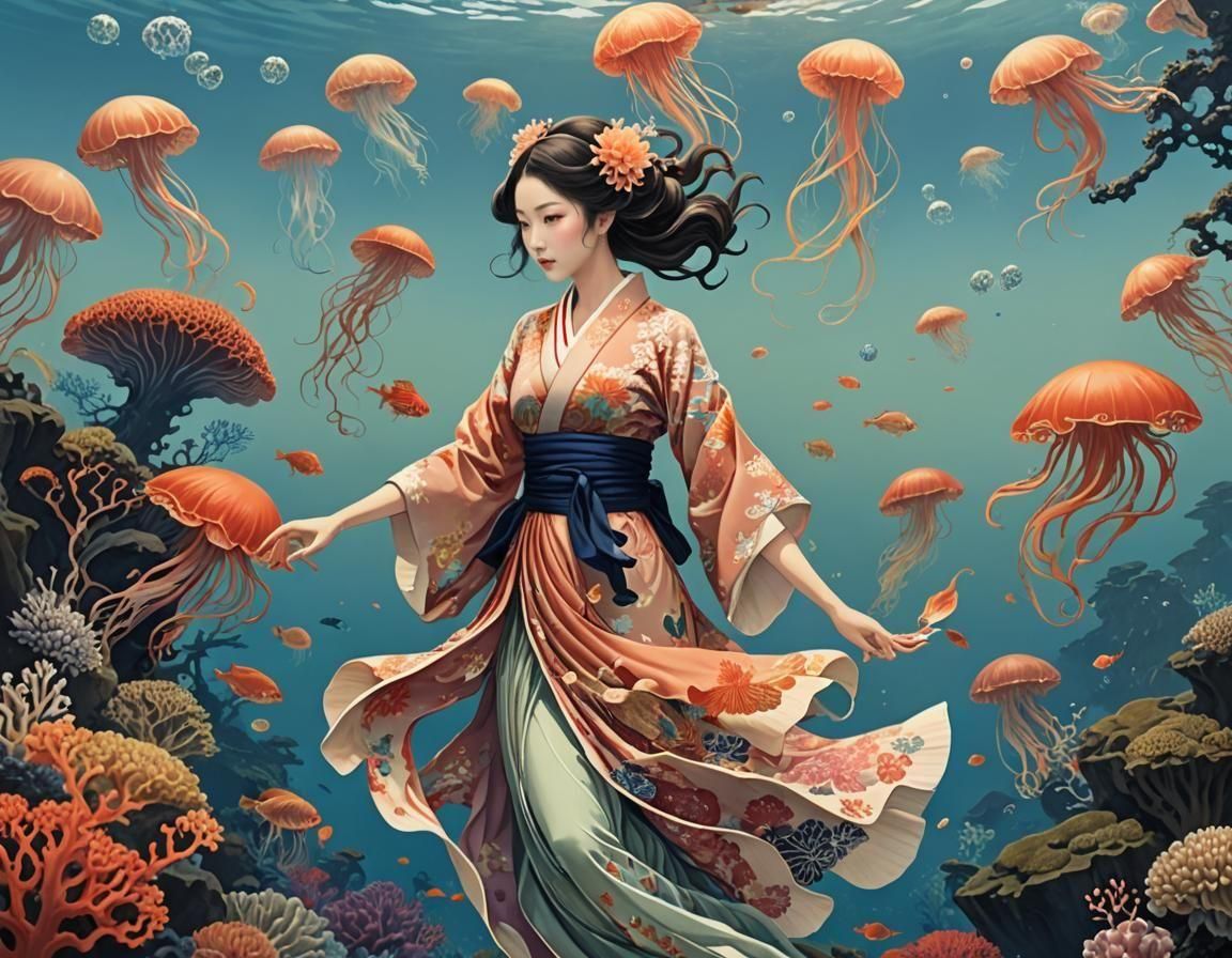 Underwater Beauty in Ukiyo-e Style