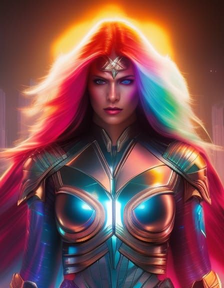 Rainbow Universe Superheroine Portrait in Comic Book Style