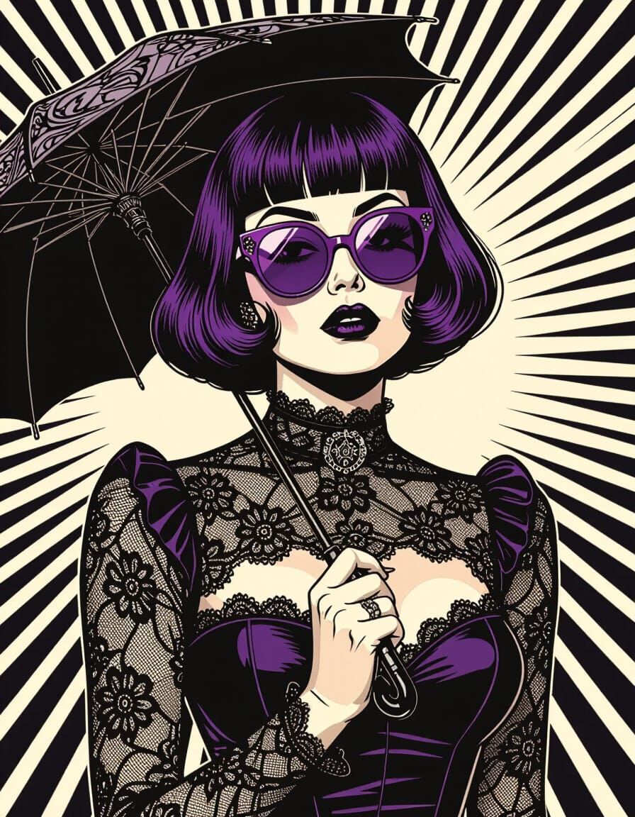 Goth Woman in Victorian Lace with Halftone Illustration Styl...