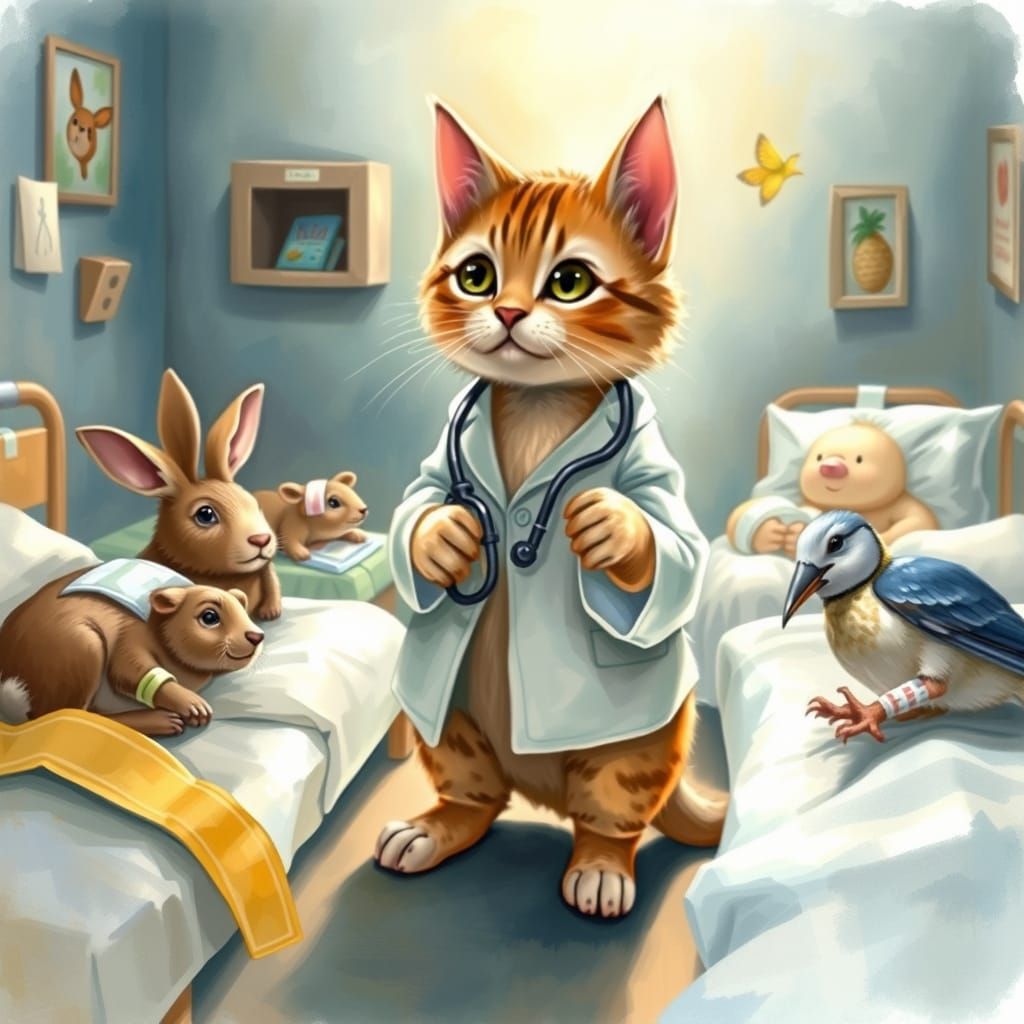 Whimsical Animal Kingdom Hospital Scene in Watercolor Style