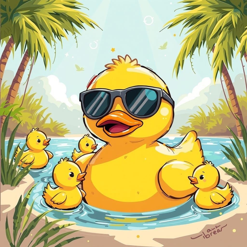 Cartoon Rubber Duck Family in Sunny Pool