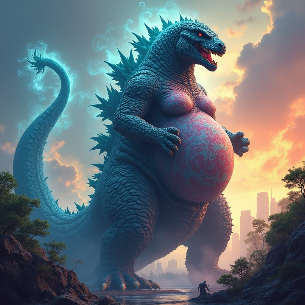 Majestic Kaiju Motherhood in Vibrant Cityscape