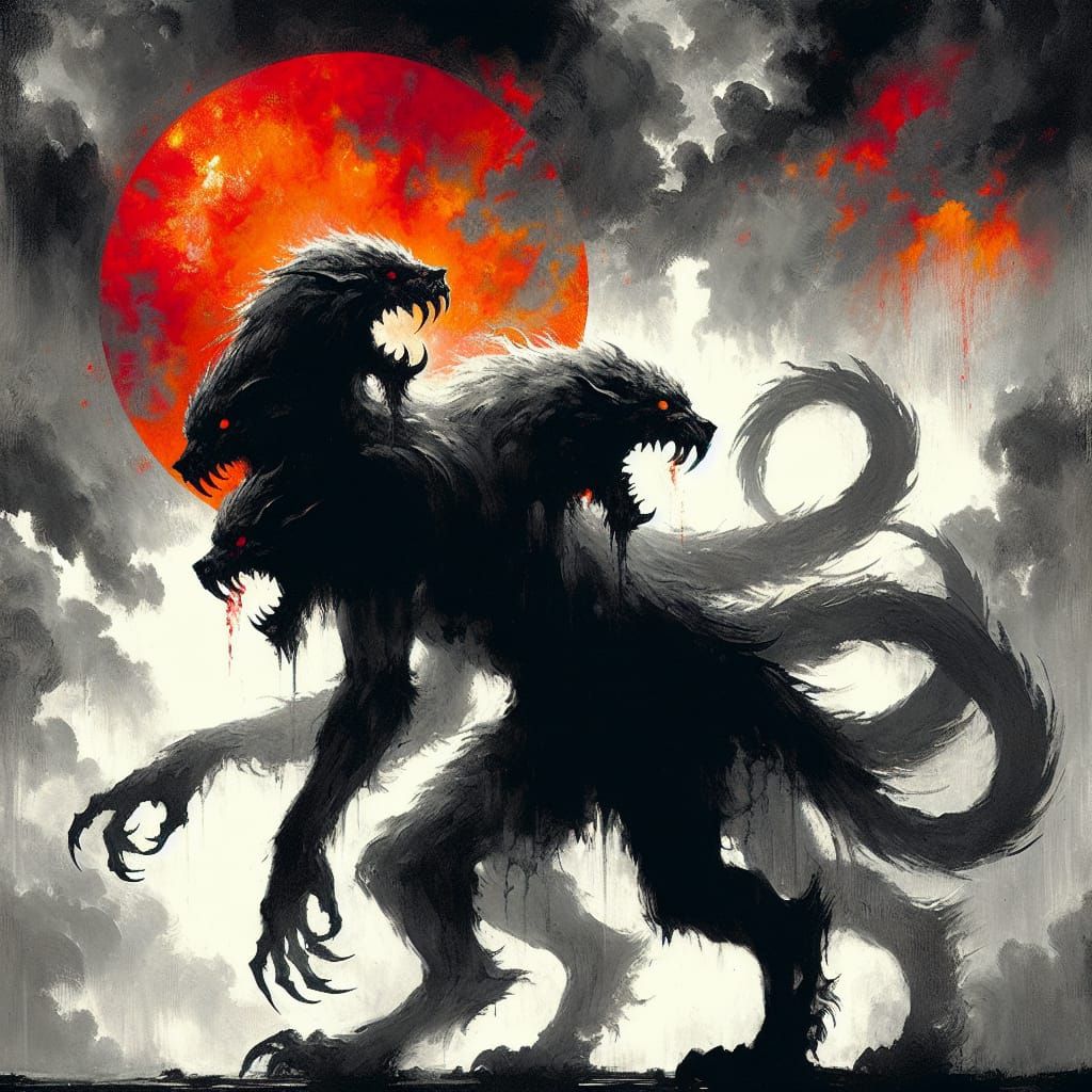 Dramatic Multi-Headed Monster Silhouette at Sunset