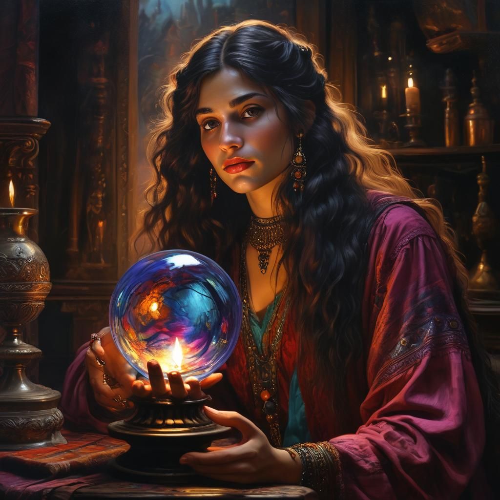 Mystical Gypsy Gazing into Sphere: Oil Painting